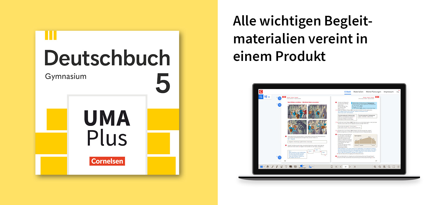 Cover des Unterrichtsmanagers vom Deutschbuch 5 vor gelbem Hintergrund; daneben ein Laptop mit digitalem Lerninhalt und Hinweis auf digitale Begleitmaterialien.