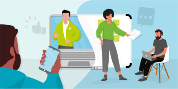 Illustration: Eine Person mit Smartphone betrachtet zwei Menschen beim Online-Meeting.