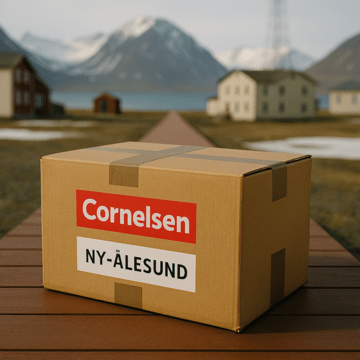 Prompt: Ein Paket des Cornelsen Verlags geht auf die Reise nach Ny-Alesund. Dieser Ort ist die nördlichste aktuelle Siedlung der Erde auf Spitzbergen nahe am Nordpol
