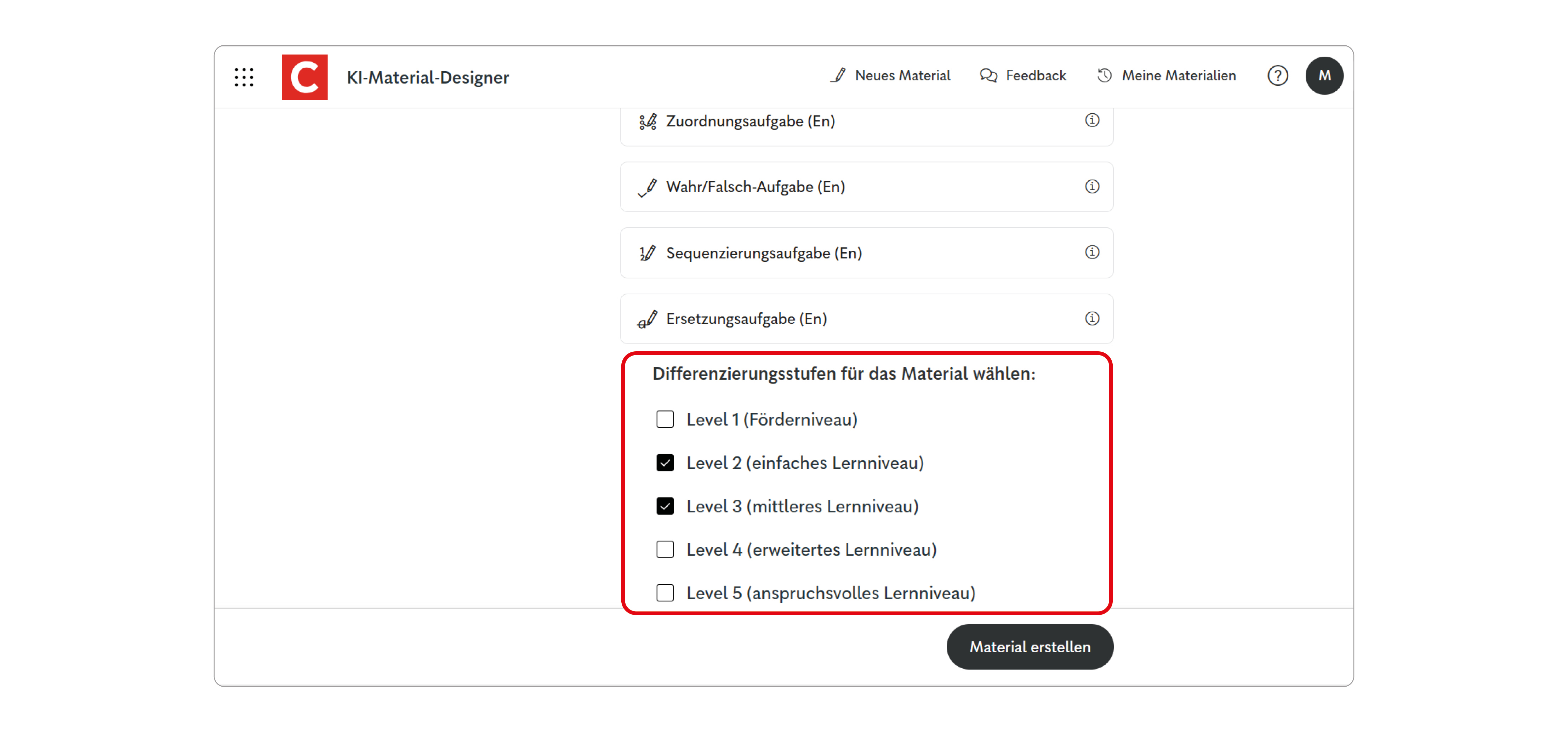 Screen des Unterrichtsmanagers Plus mit dem KI-Material-Designer und verschiedenen Differenzierungsstufen