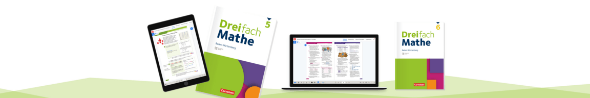 Drei Mathebücher und ein Laptop auf einem grünen Hintergrund mit geometrischen Formen.