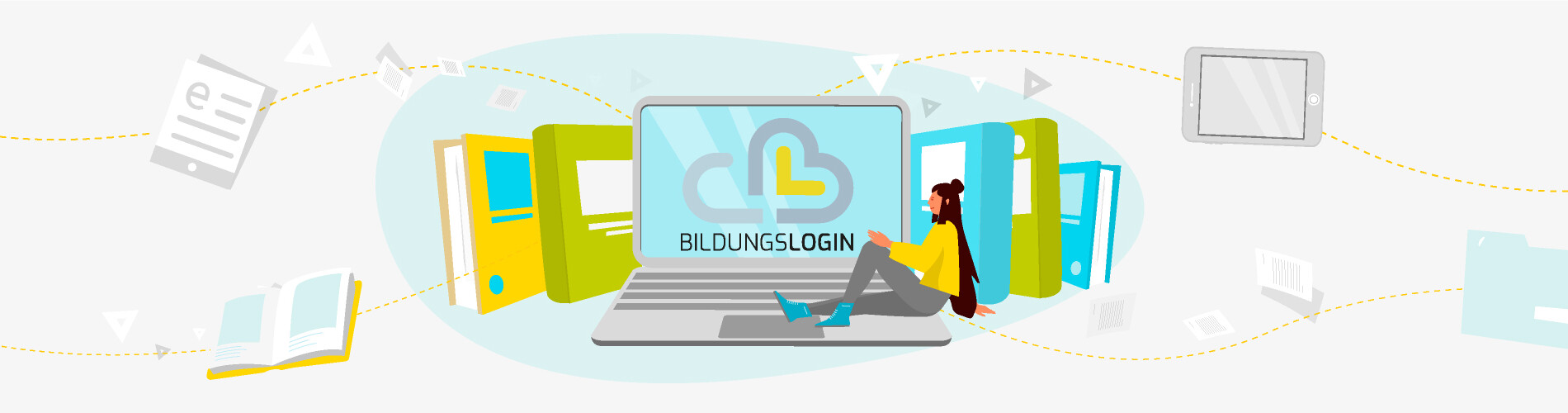 Illustration: Person mit Laptop, umgeben von Büchern, Papier und globalen Kommunikationssymbolen.