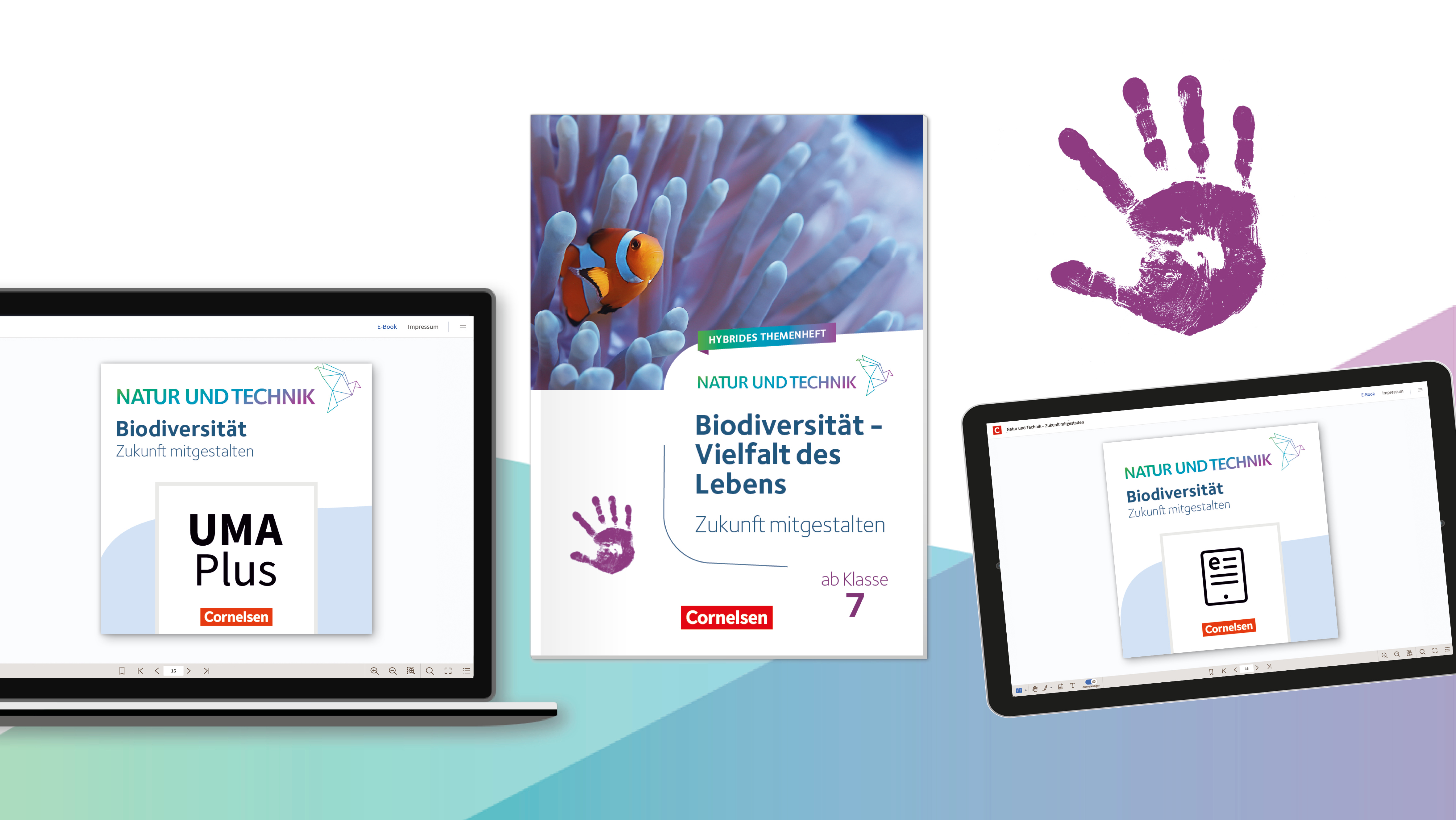 Das hybride Themenheft "Biodiversität – Vielfalt des Lebens" aus der Reihe "Natur und Technik" sowie das dazugehörige E-Book und der Unterrichtsmanager Plus auf zwei Screens.