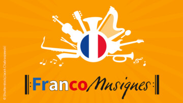 Logo: FrancoMusiques mit Instrumenten und französischer Flagge auf orangefarbenem Hintergrund.