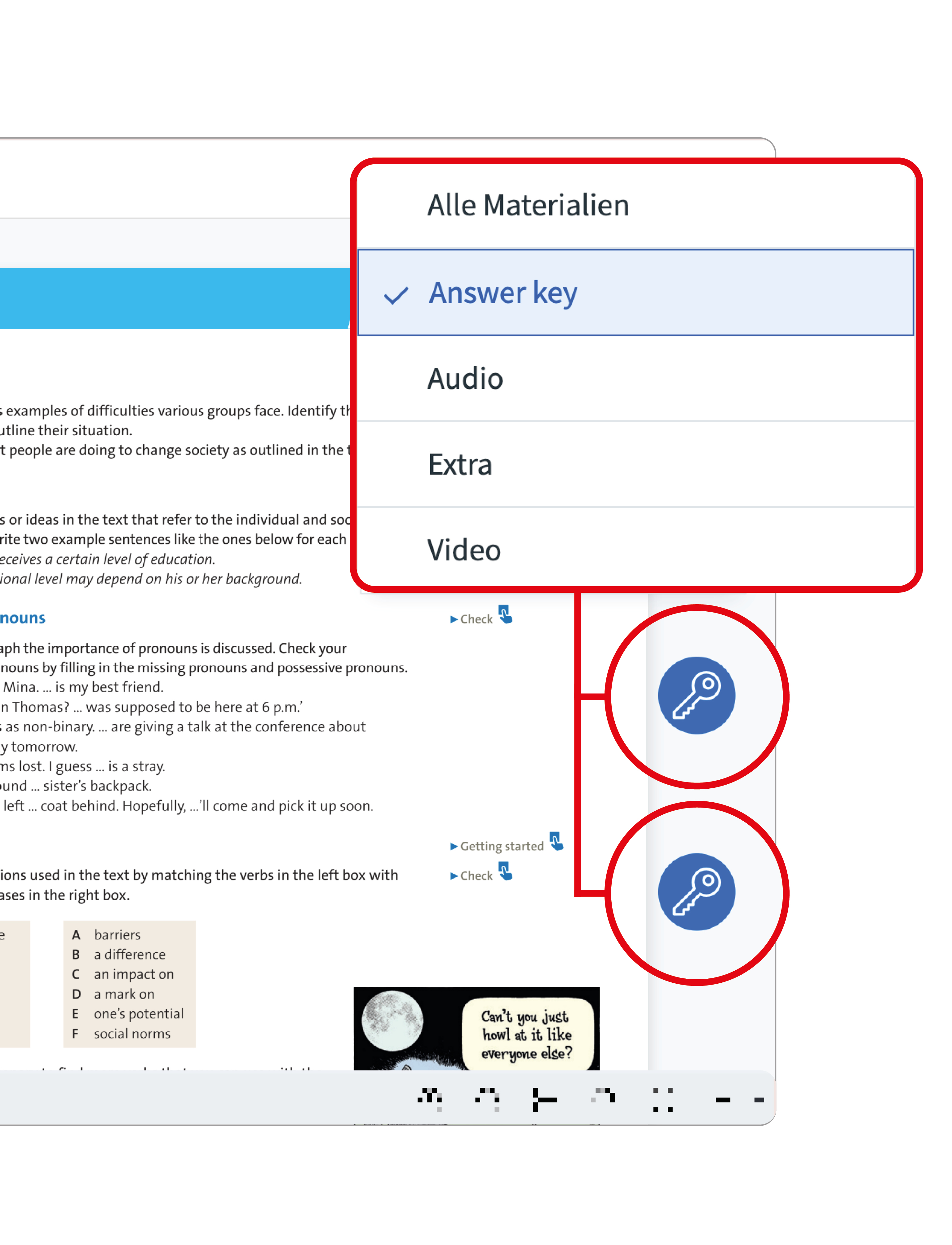 Ausschnitt des Unterrichtsmanagers im Browser, rechts ein Menü mit Materialangeboten wie Answer Key, Audio, Extra und Video