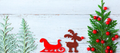 Zweig mit roten Beeren, rotes Rentier und Schlitten auf weißem Holzuntergrund.