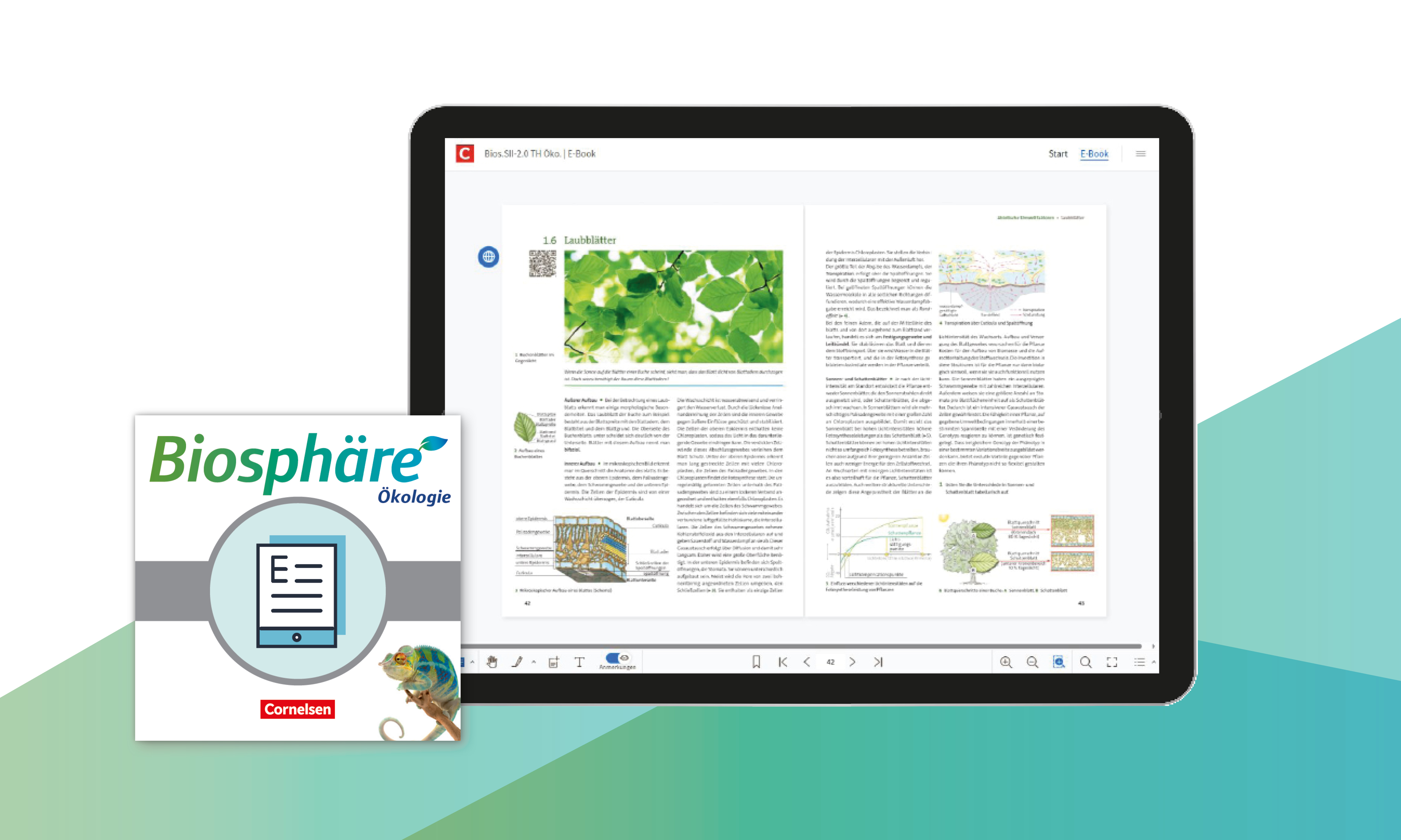 Tablet-Screen mit Buchseite zu Laubblättern aus dem Lehrwerk Biosphäre, links E-Book-Kachel Biosphäre Ökologie