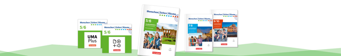 Drei Schulbücher der Reihe "Menschen, Zeiten, Räume" sowie zwei App-Kacheln zur Reihe auf einem grünen Hintergrund mit geometrischen Formen.