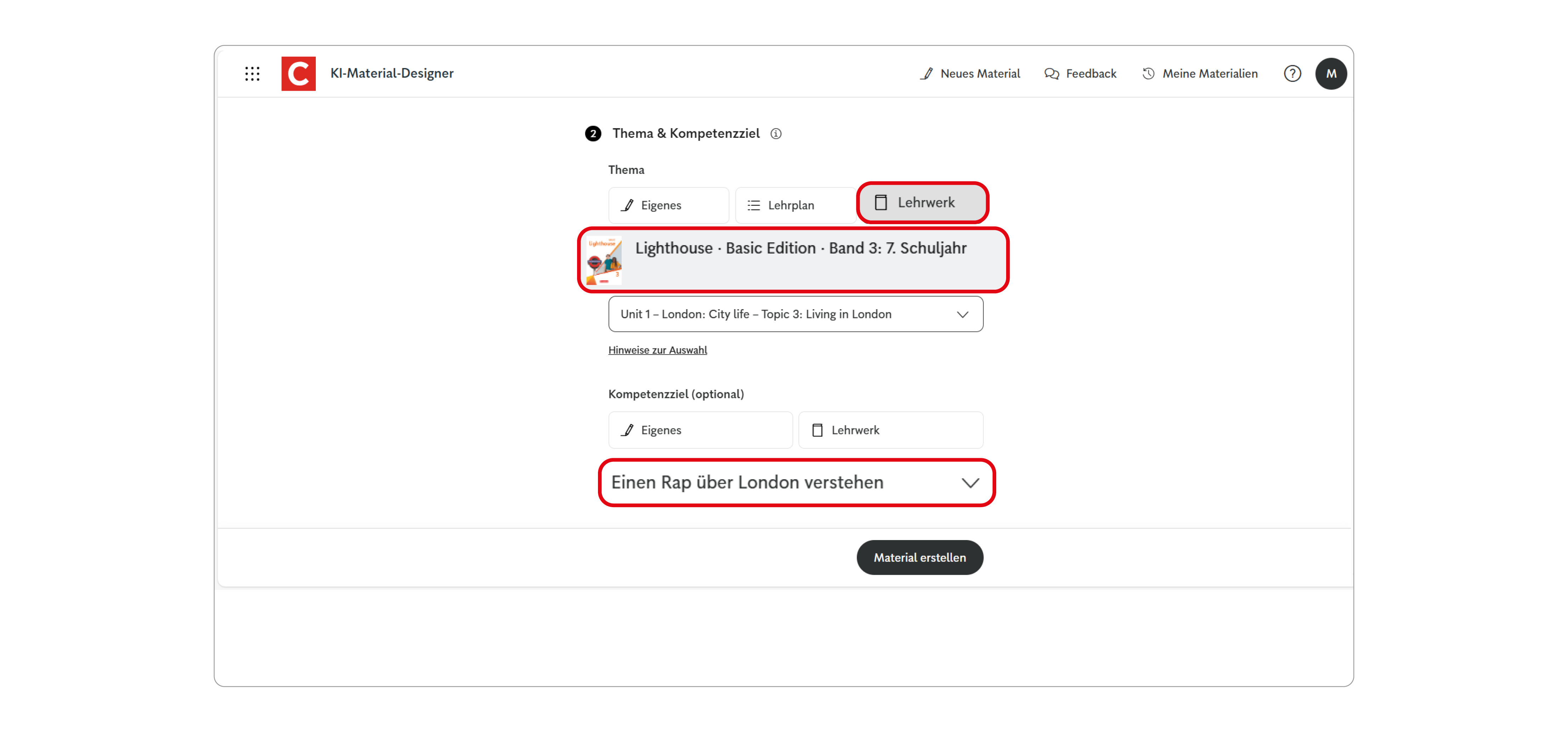 Screen des Unterrichtsmanagers Plus mit dem KI-Material-Designer und der Zuordnung zum Lehrwerk Lighthouse