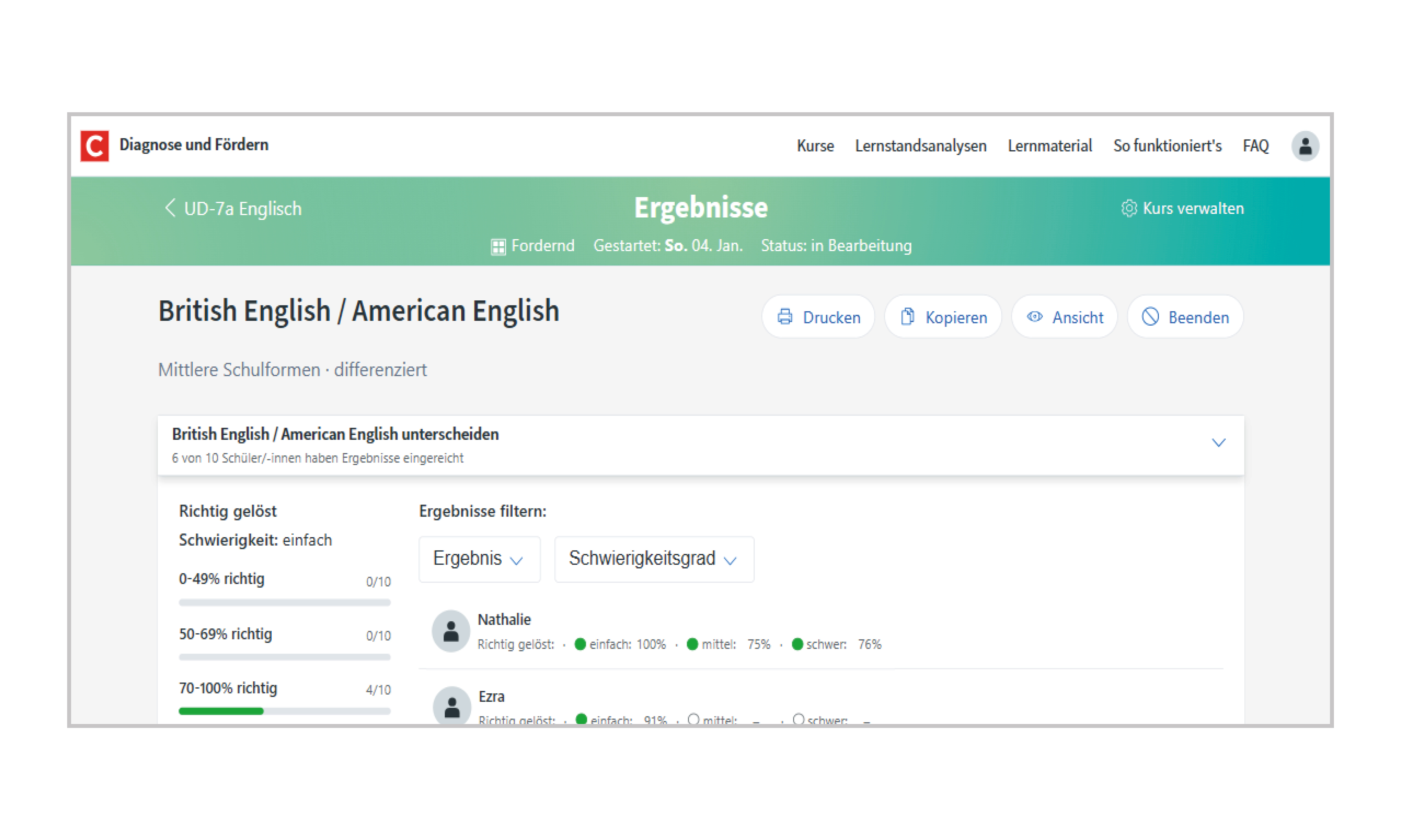 Screenshot aus "Diagnose und Fördern", Lernwege und -ergebnisse