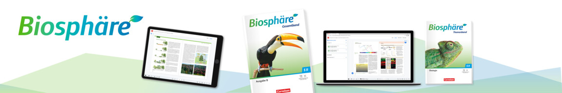 Biosphäre-Logo und vier Biosphäre-Lehrwerkprodukte in einer Reihe: Tablet mit Site aus dem E-Book, Schulbuch, Laptop mit Seite aus dem Unterrichtmanager, Themenband zum Thema Ökologie