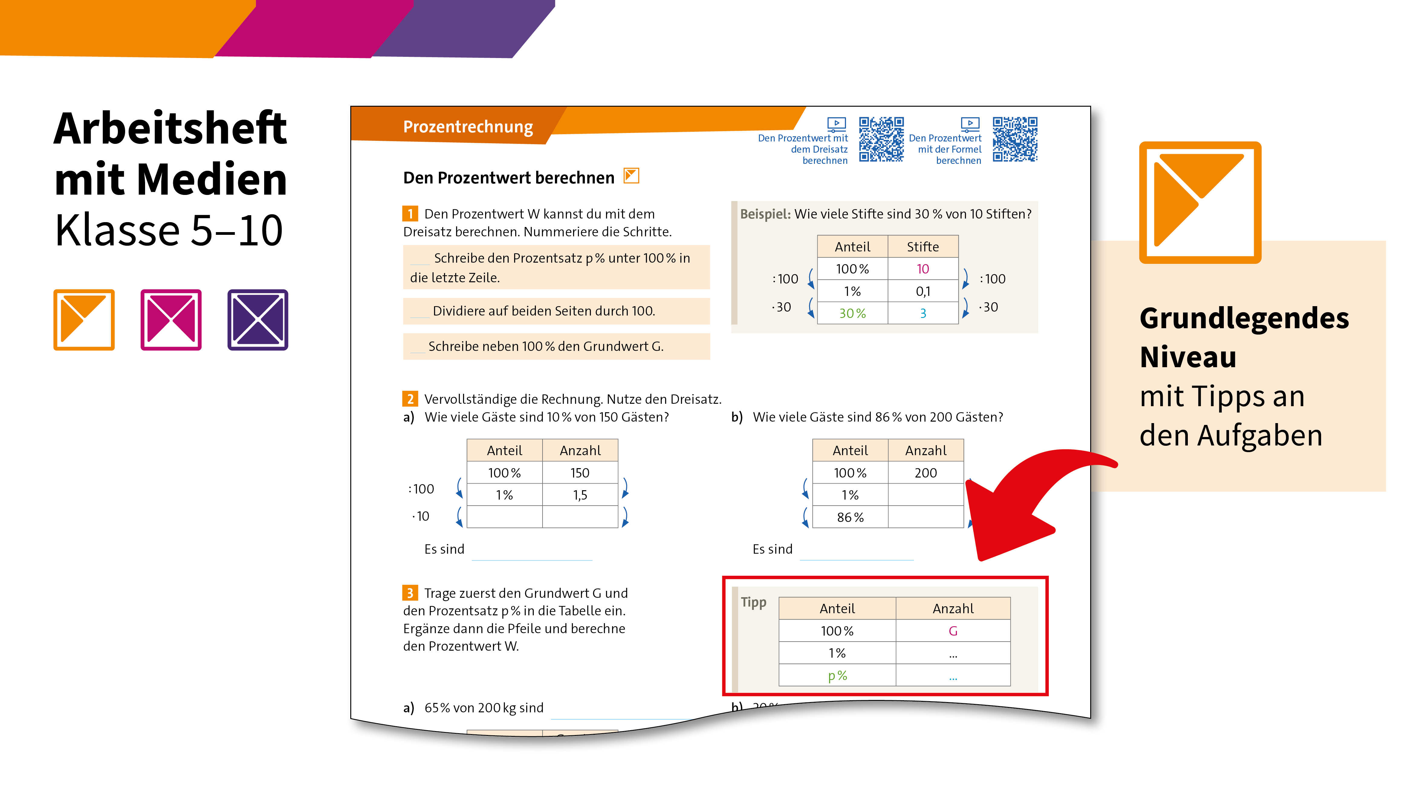 Ausschnitt aus dem Arbeitsheft 3fach Mathe, Klasse 5–10 mit Grundlegendem Niveau mit Tipps und Aufgaben