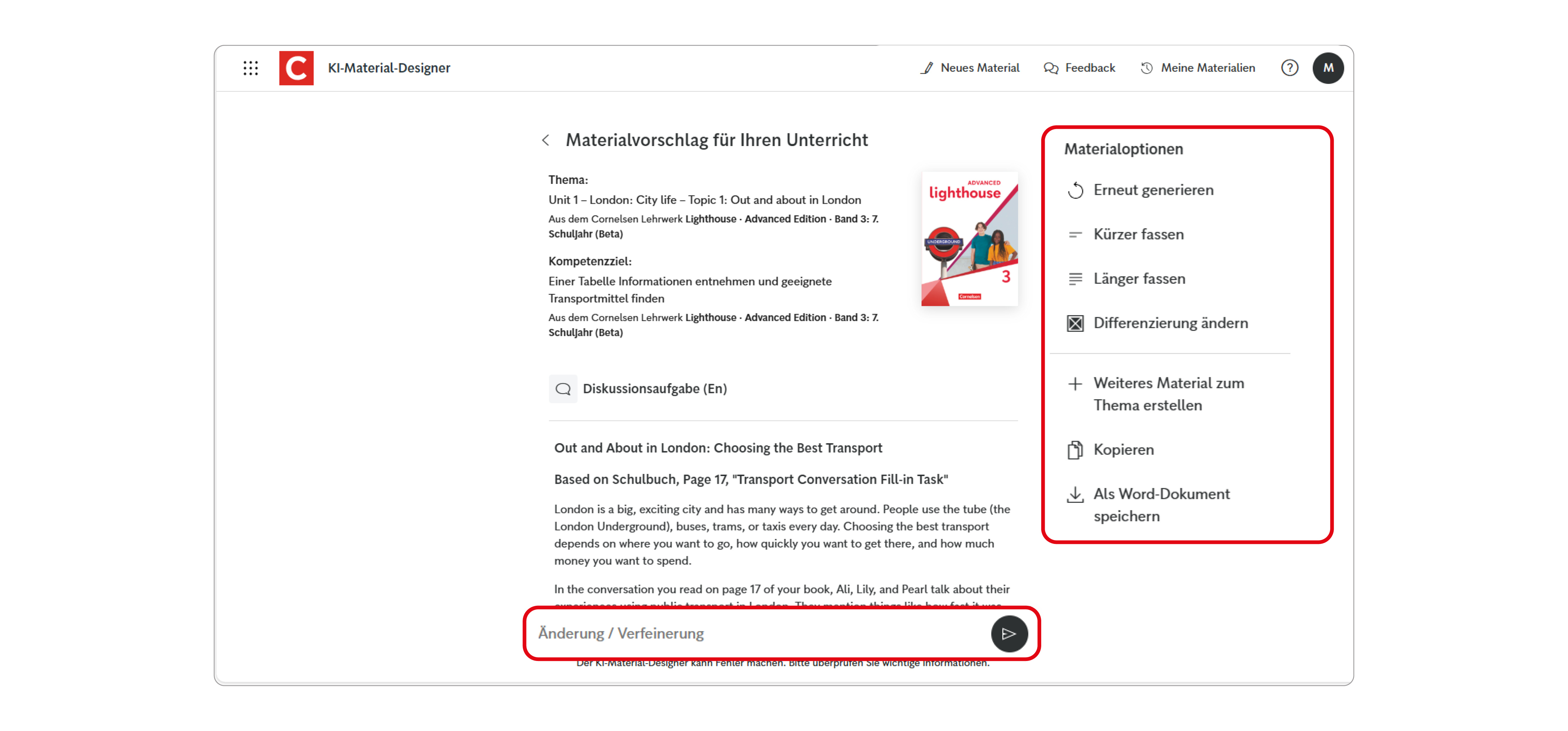 Ein Screen des Unterrichtsmanagers Plus mit dem KI-Material-Designer und dem Menü "Materialoptionen"