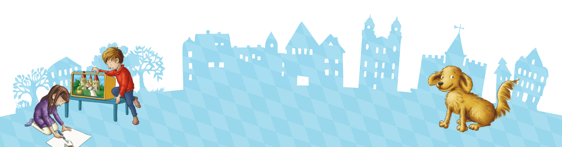 "Jo-Jo" mit Illustrationen von Kindern und einem Hund auf blauem Hintergrund mit Bayern-Muster