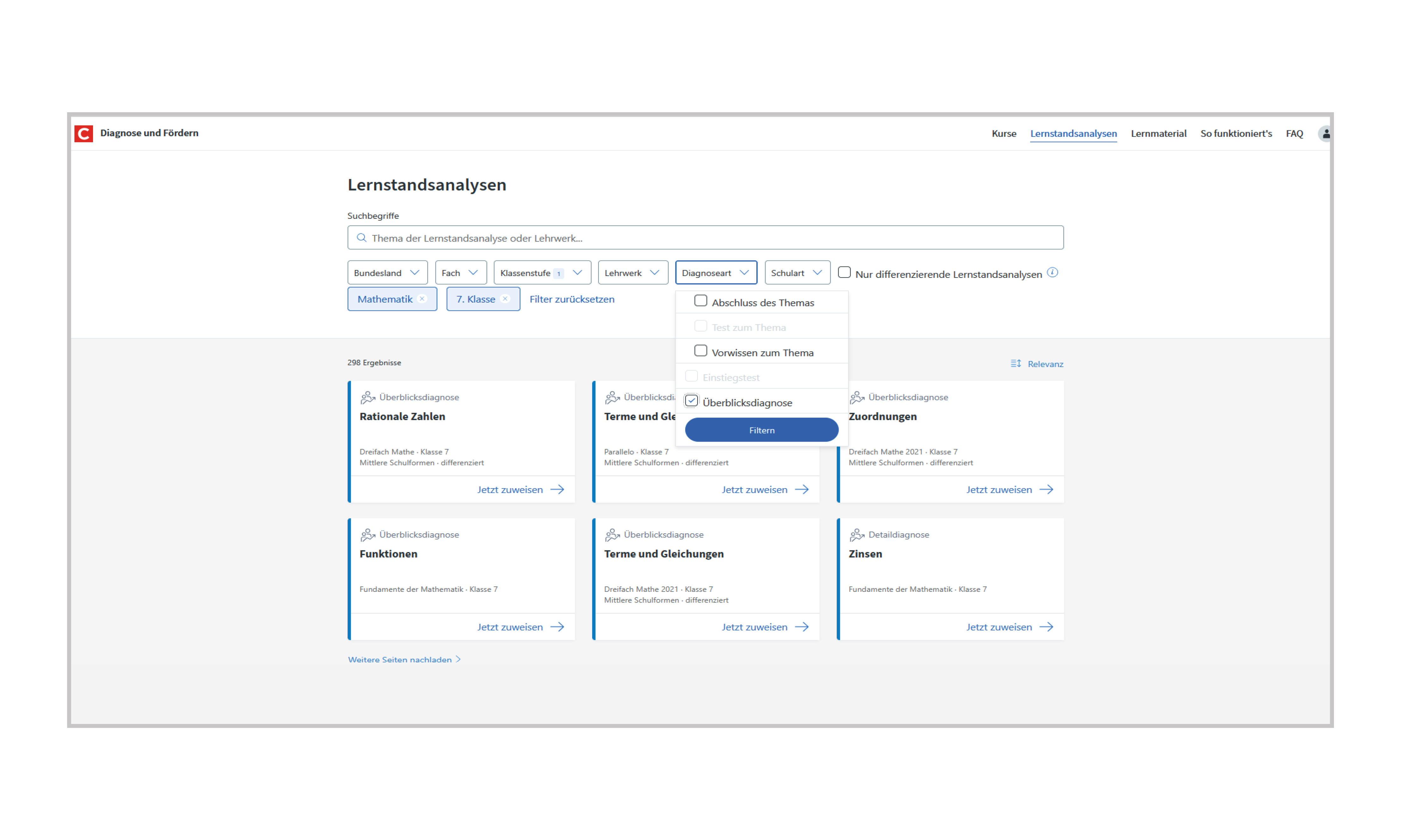 Lernstandsanalyse auswählen per Filteroption