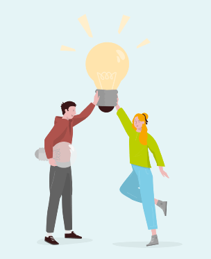 Eine Illustration mit zwei Auszubildenden über denen symbolisch eine Glühbirne schwebt.Daneben Ausführungen zu den Punkten: Sofort einsetzbar, Gemeinsam entwickelt und Praxisnah & Relevant. 