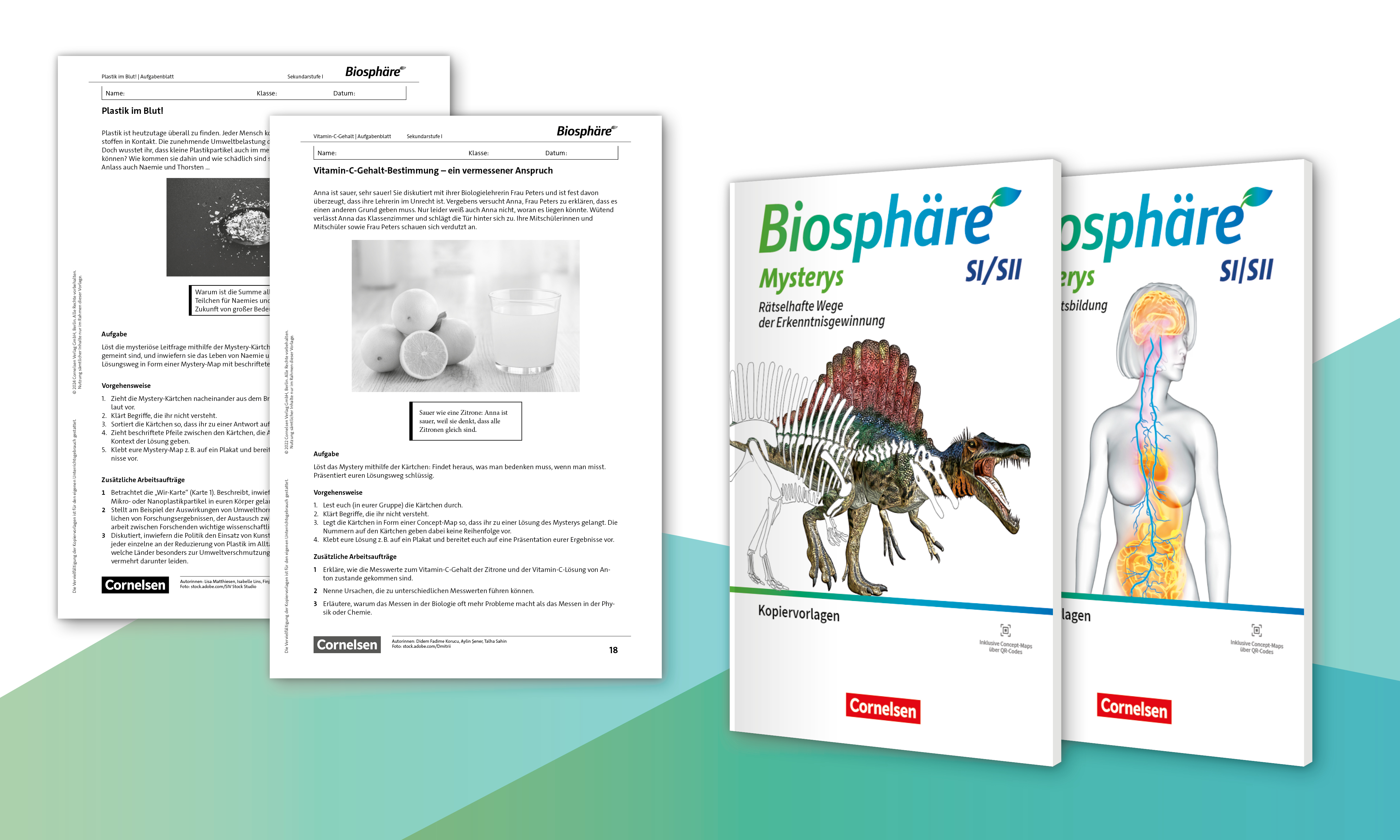 Zwei Cover der Mysterys-Kopiervorlagen zur Reihe Biosphäre sowie links zwei Musterseiten zu den Themen „Plastik im Blut“ und „Vitamin C-Gehalt-Bestimmung“