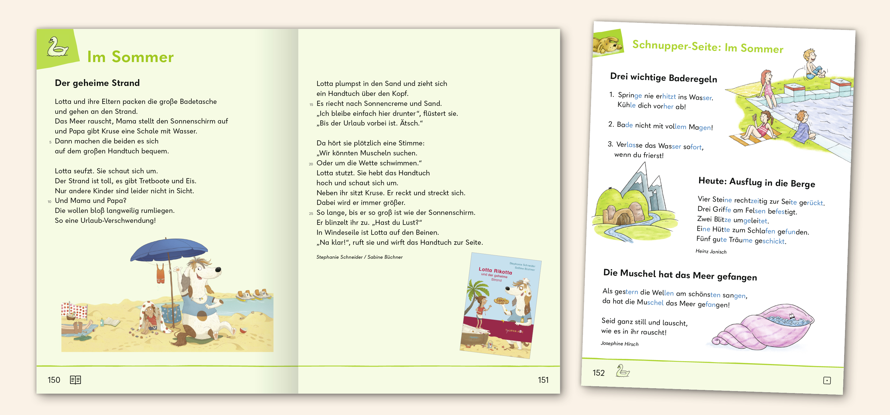 Doppelseite eines Buches mit Texten und Illustrationen zum Thema Sommer und Strand.