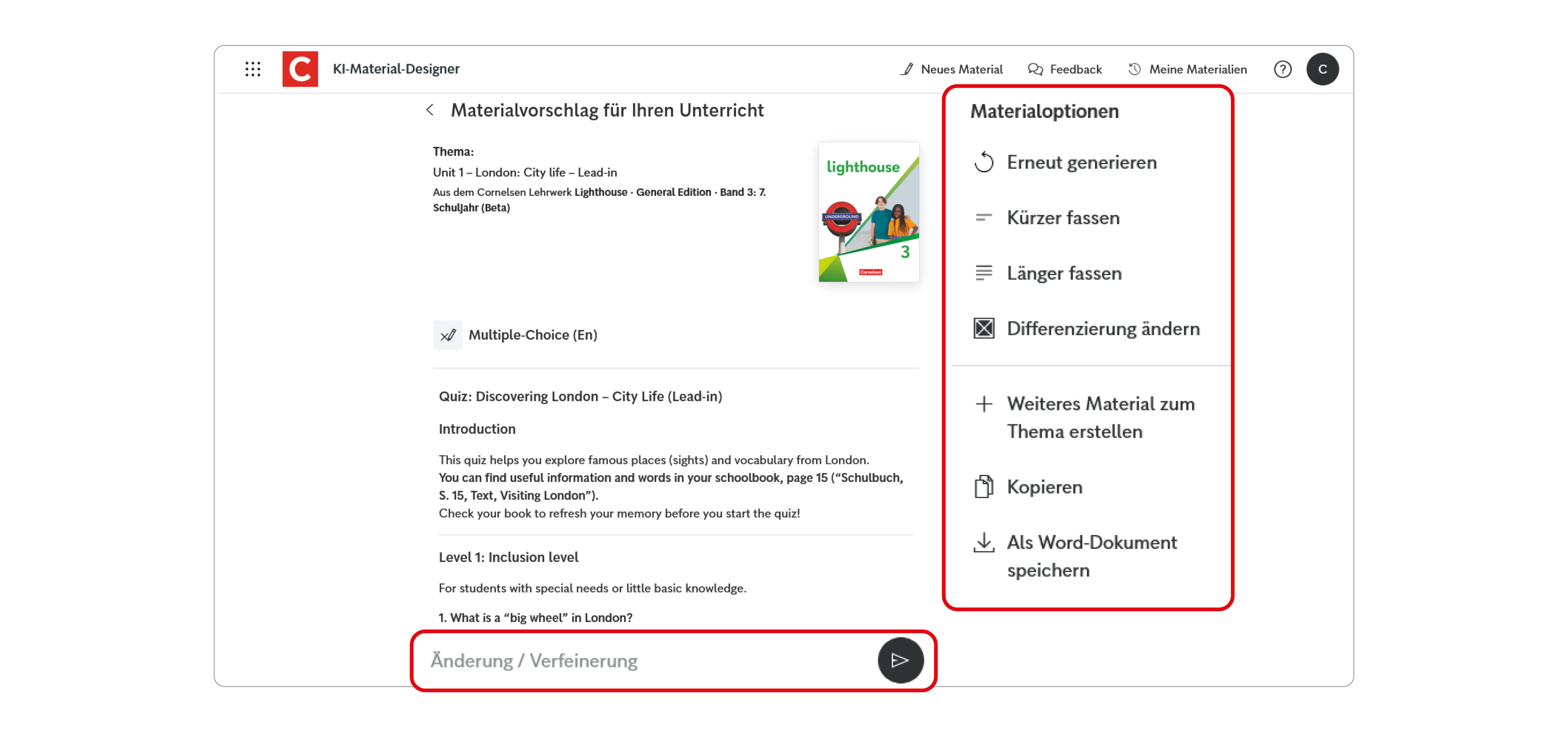 Ein Screen des Unterrichtsmanagers Plus mit dem KI-Material-Designer und dem Menü "Materialoptionen"
