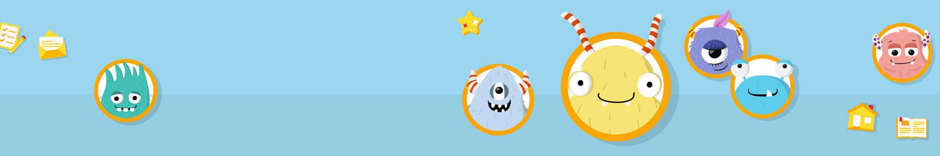 Eine blaue Leiste mit sechs bunten Monster-Illustrationen und diversen kleinen Symbolen.