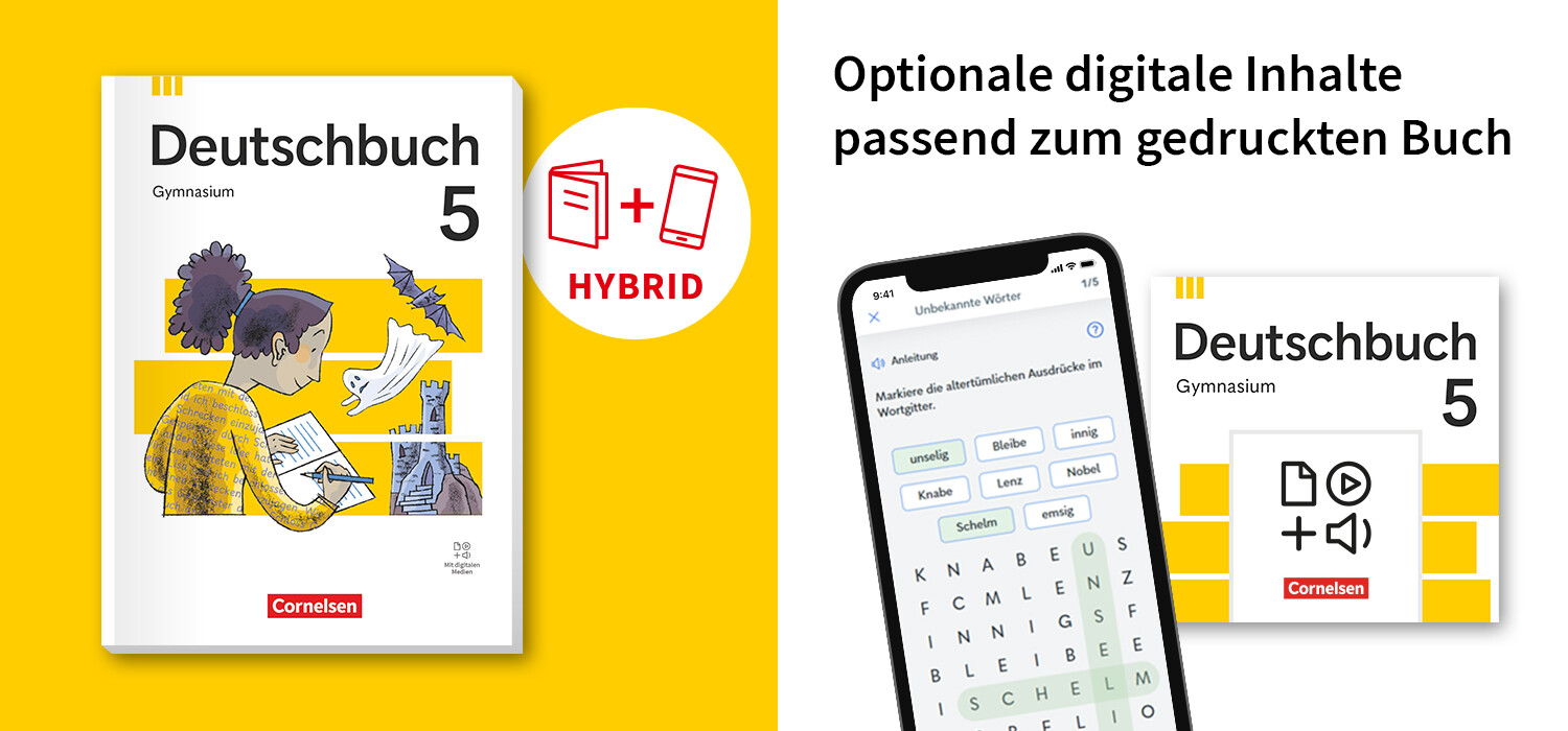 Cover des Deutschbuchs 5 für Gymnasium vor gelbem Hintergrund; daneben ein Smartphone mit digitalem Lerninhalt und Hinweis auf optionale digitale Inhalte zum Buch.