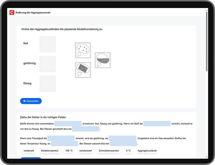 Tablet-Screen mit einer interaktiven Übung zum Thema Aggregatzustände