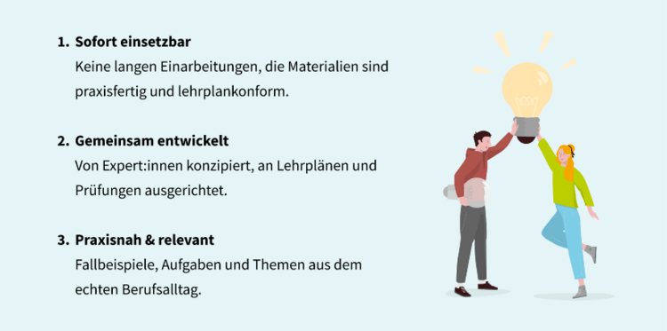 Eine Illustration mit zwei Auszubildenden über denen symbolisch eine Glühbirne schwebt.Daneben Ausführungen zu den Punkten: Sofort einsetzbar, Gemeinsam entwickelt und Praxisnah & Relevant. 