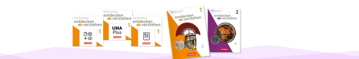 Die Schulbücher „Entdecken" und Verstehen, Band 1 und 2, daneben App-Kacheln zu E-Book, Unterrichtsmanager sowie dem digitalen Material.