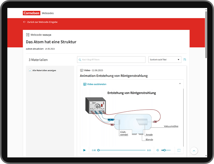 Tablet-Screen mit einer Animation zum Thema Röntgenstrahlen.
