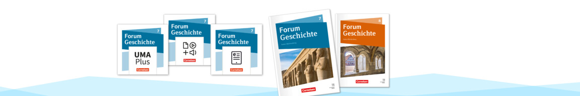 Die Schulbücher "Forum Geschichte", Band 7 und 8, daneben App-Kacheln zu E-Book, Unterrichtsmanager sowie dem digitalen Material.