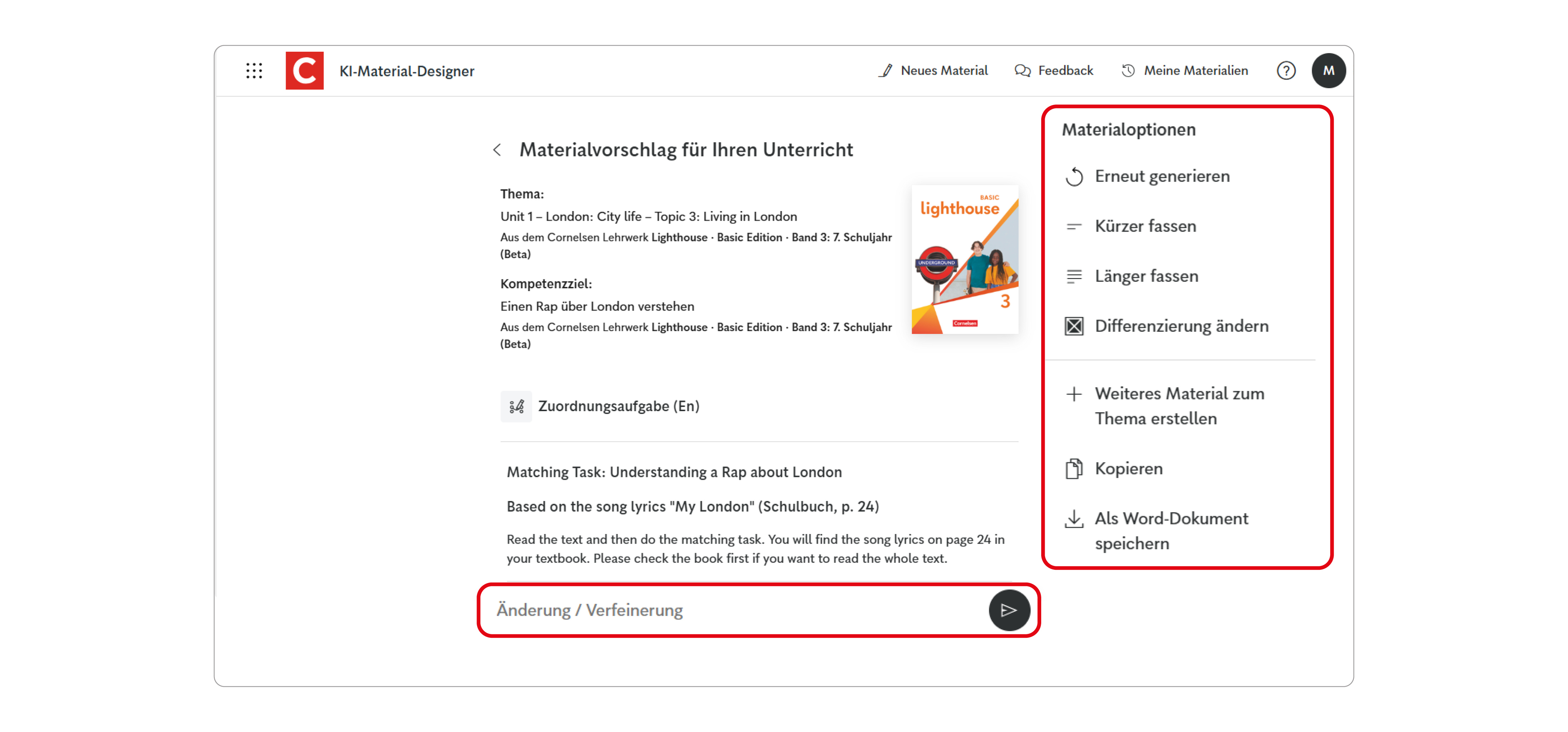 Ein Screen des Unterrichtsmanagers Plus mit dem KI-Material-Designer und dem Menü "Materialoptionen"
