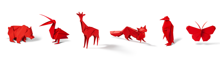 Rote Origami Papierfiguren von sechs Tieren