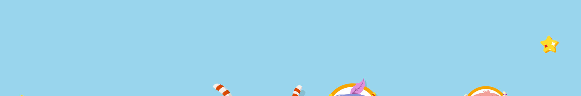 Fünf cartoonhafte Monster auf blauem Hintergrund, drei Briefe und ein gelber Stern.