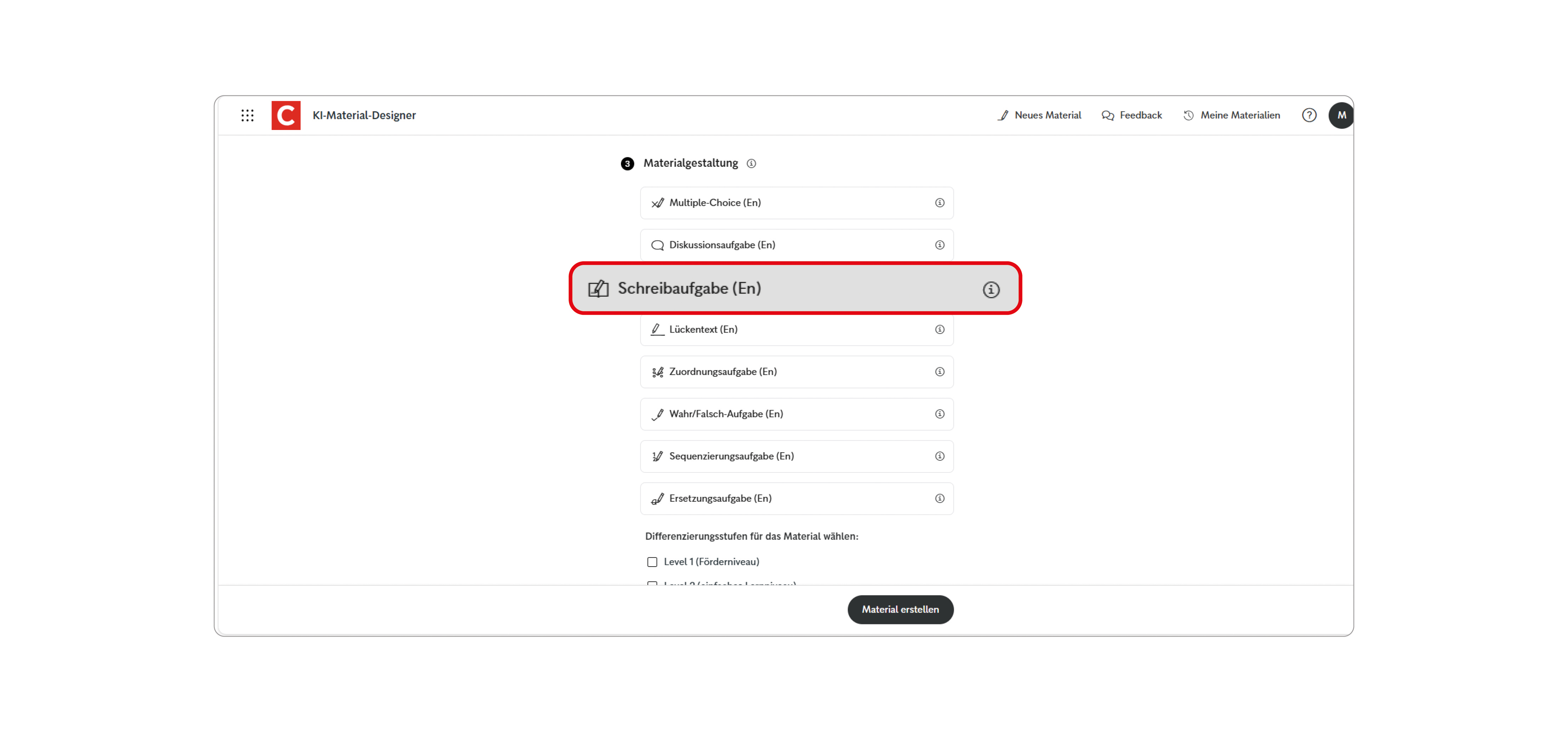 Screen des Unterrichtsmanagers Plus mit dem KI-Material-Designer und der Gestaltungsoption "Multiple Choice"