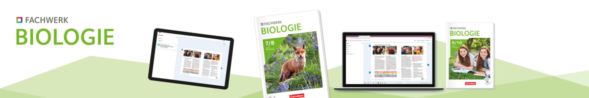 Das Fachwerk Biologie sowie das Begleitmaterial mit digitalen Screen-Abbilldungen.