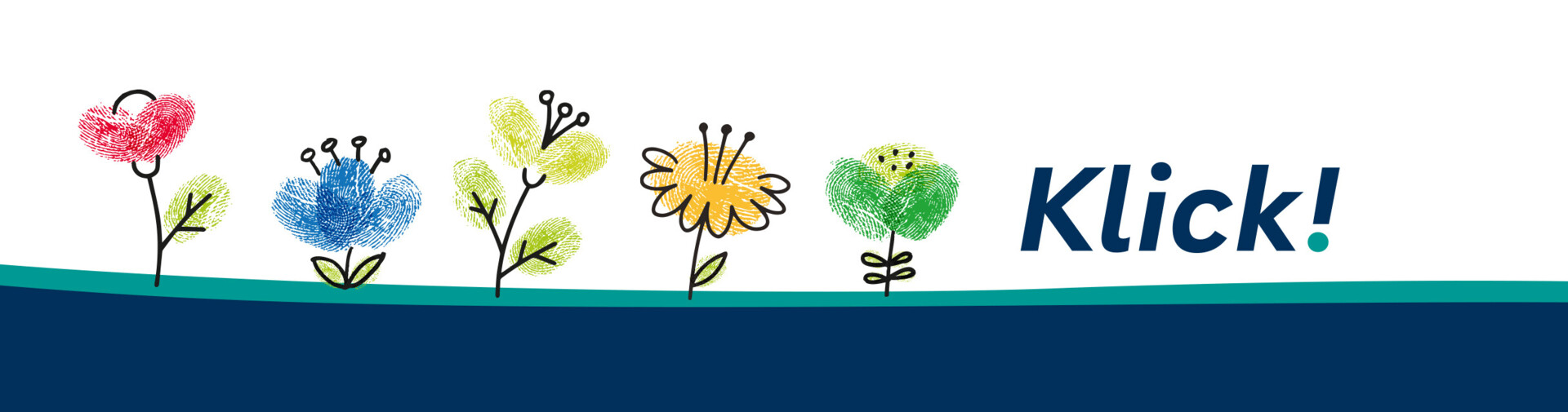 Illustration von fünf bunten Blumen auf einer blauen Linie mit dem Wort "Klick!" rechts.