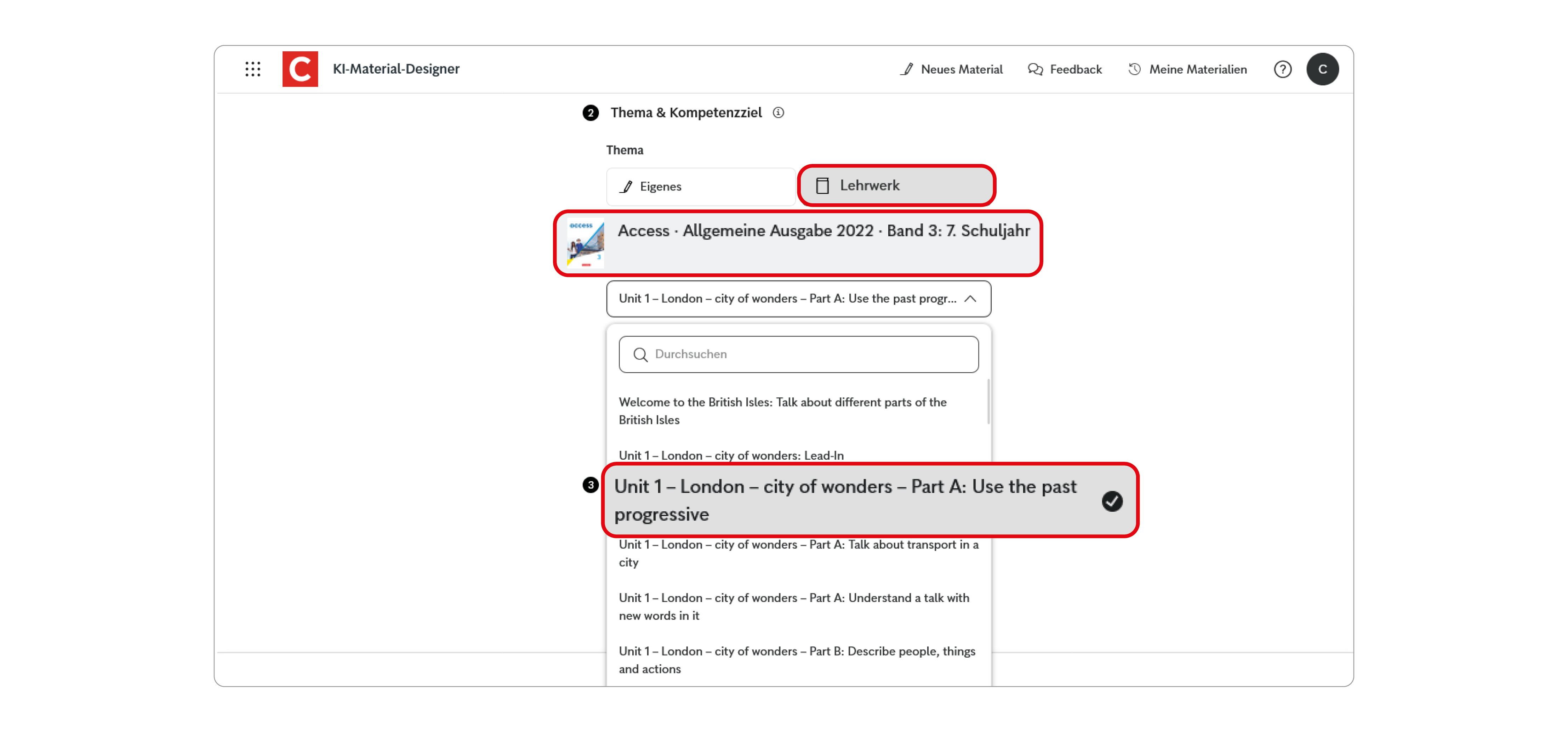 Screen des Unterrichtsmanagers Plus mit dem KI-Material-Designer und der Zuordnung zum Lehrwerk Access
