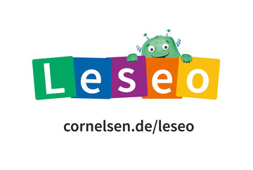Leseo-Logo mit farbigen Buchstaben und grünem Monster; URL: cornelsen.de/leseo