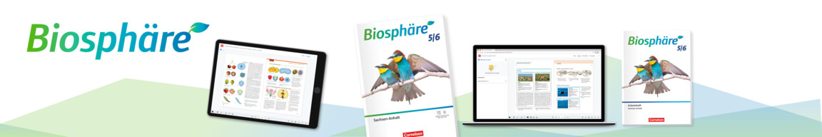 Biosphäre-Logo und vier Biosphäre-Lehrwerkprodukte in einer Reihe: Tablet mit Site aus dem E-Book, Schulbuch, Laptop mit Seite aus dem Unterrichtmanager und Arbeitsheft