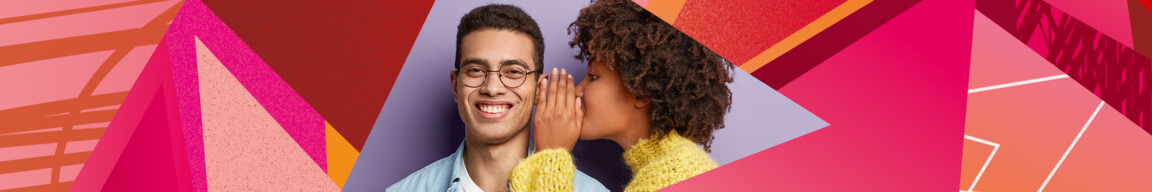 Afro American female whispers secret to boyfriend who has cheerful expression, gossip together, wear casual clothes, stands against purple background with blank space. Diverse couple indoor.; Shutterstock ID 1368595304