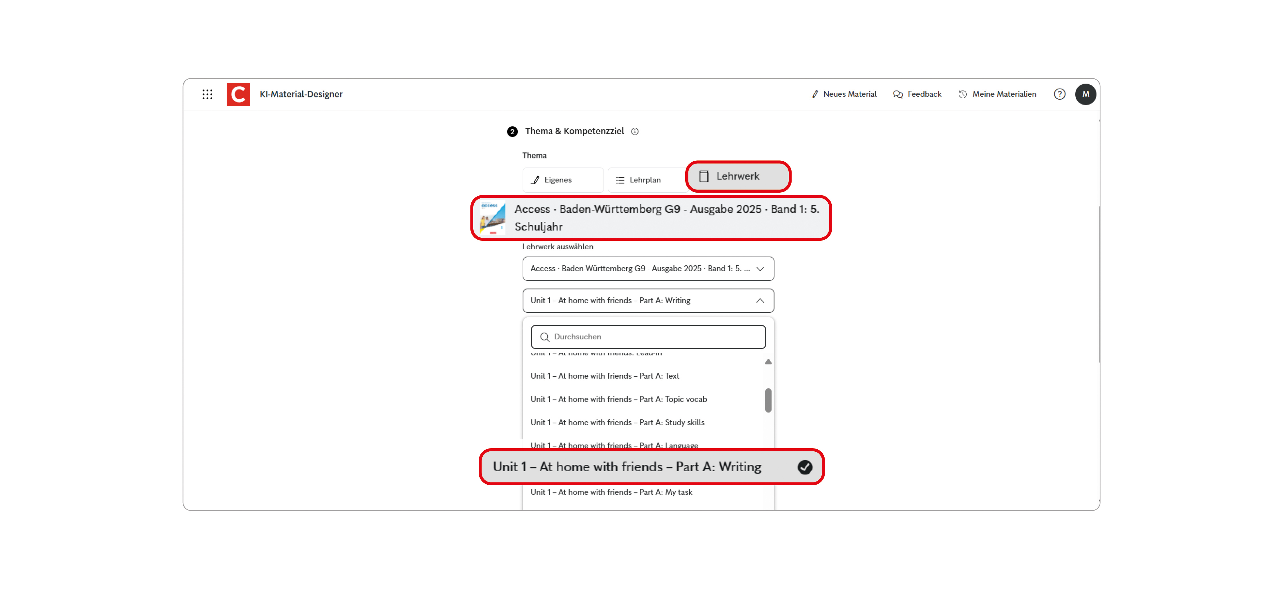 Screen des Unterrichtsmanagers Plus mit dem KI-Material-Designer und der Zuordnung zum Lehrwerk Access