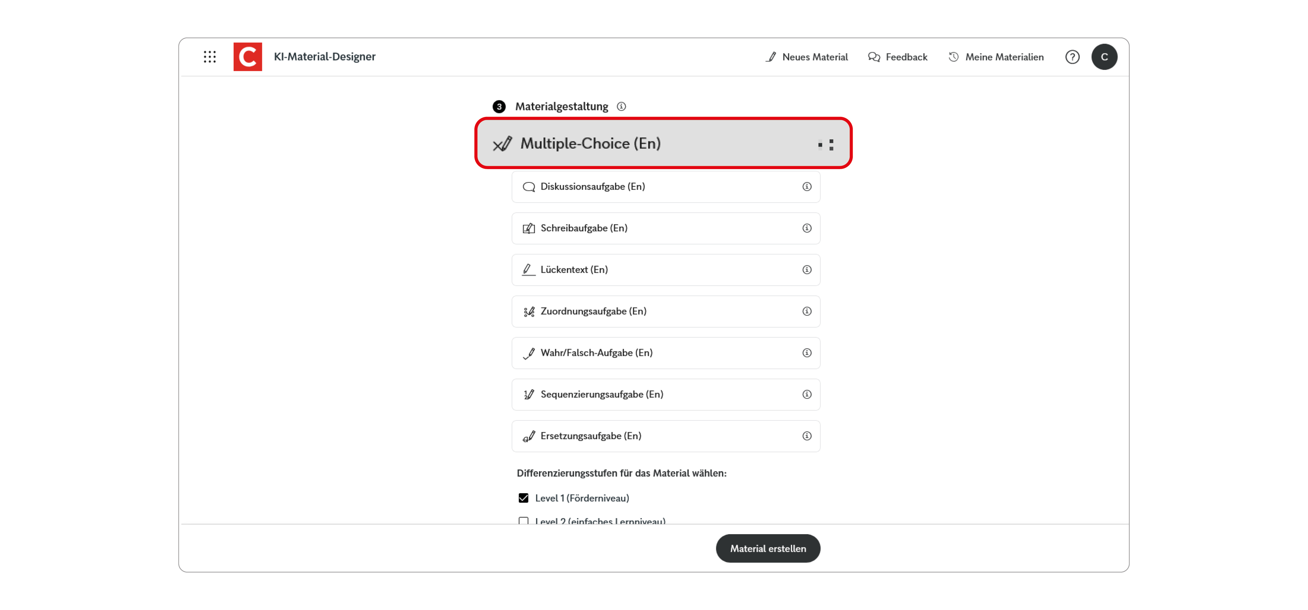 Screen des Unterrichtsmanagers Plus mit dem KI-Material-Designer und der Gestaltungsoption "Multiple Choice"