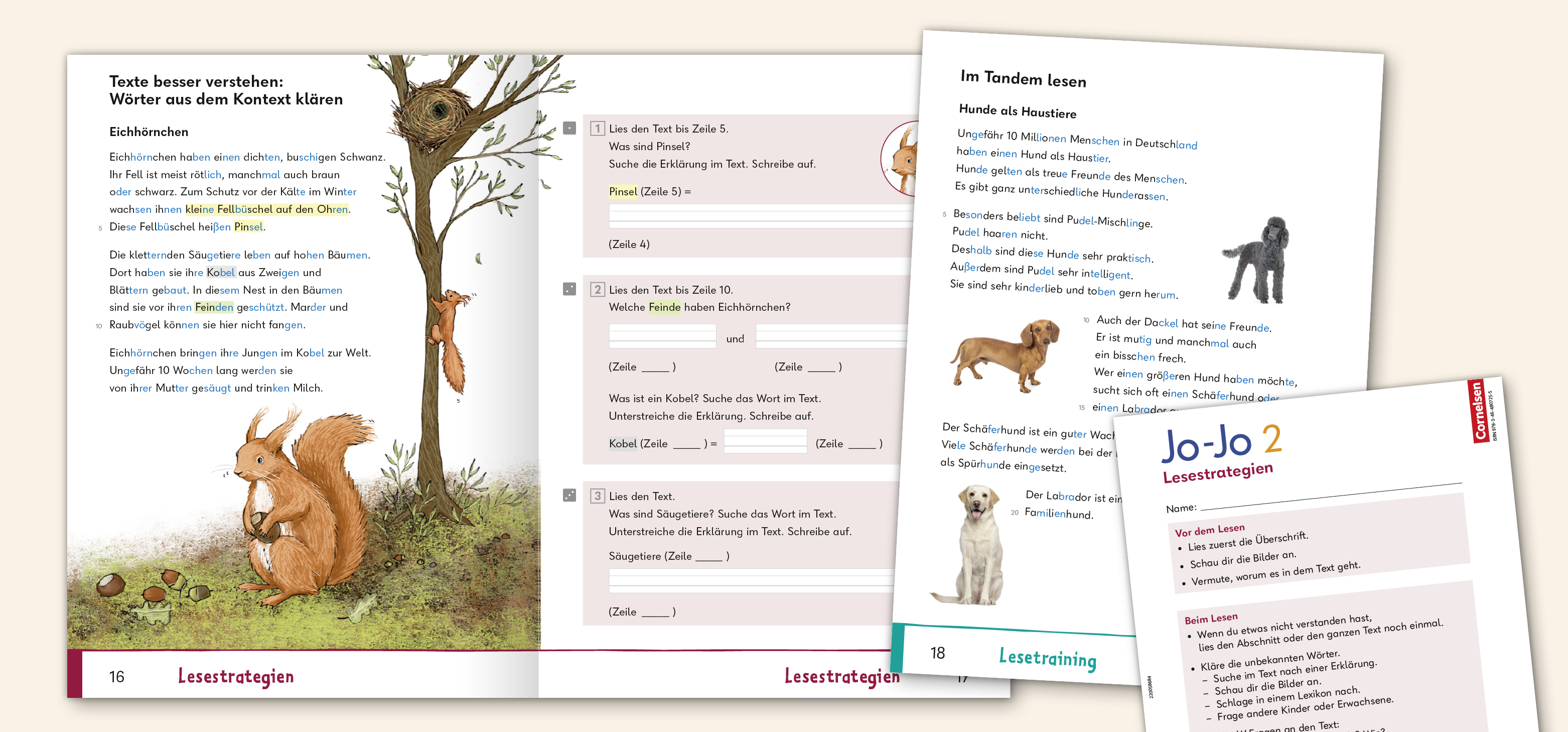 Buchseiten über Lesestrategien, mit Eichhörnchenillustration und Aufgaben zu Wortverständnis.