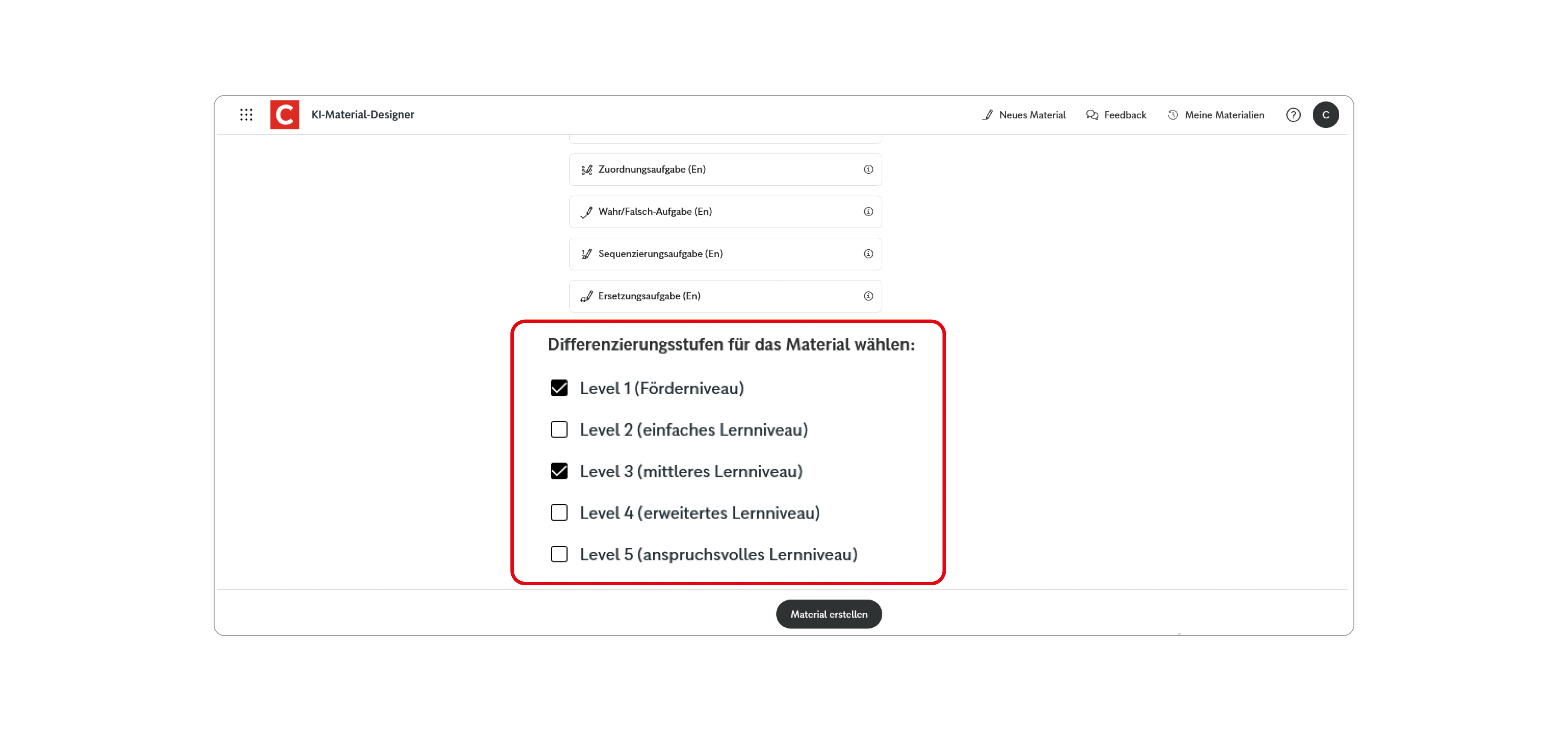 Screen des Unterrichtsmanagers Plus mit dem KI-Material-Designer und verschiedenen Differenzierungsstufen