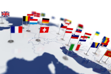 Europe map with countries flags. Shalow focus 3d illustration isolated on white background
Europe map with countries flags. Shalow focus 3d illustration isolated on white background
