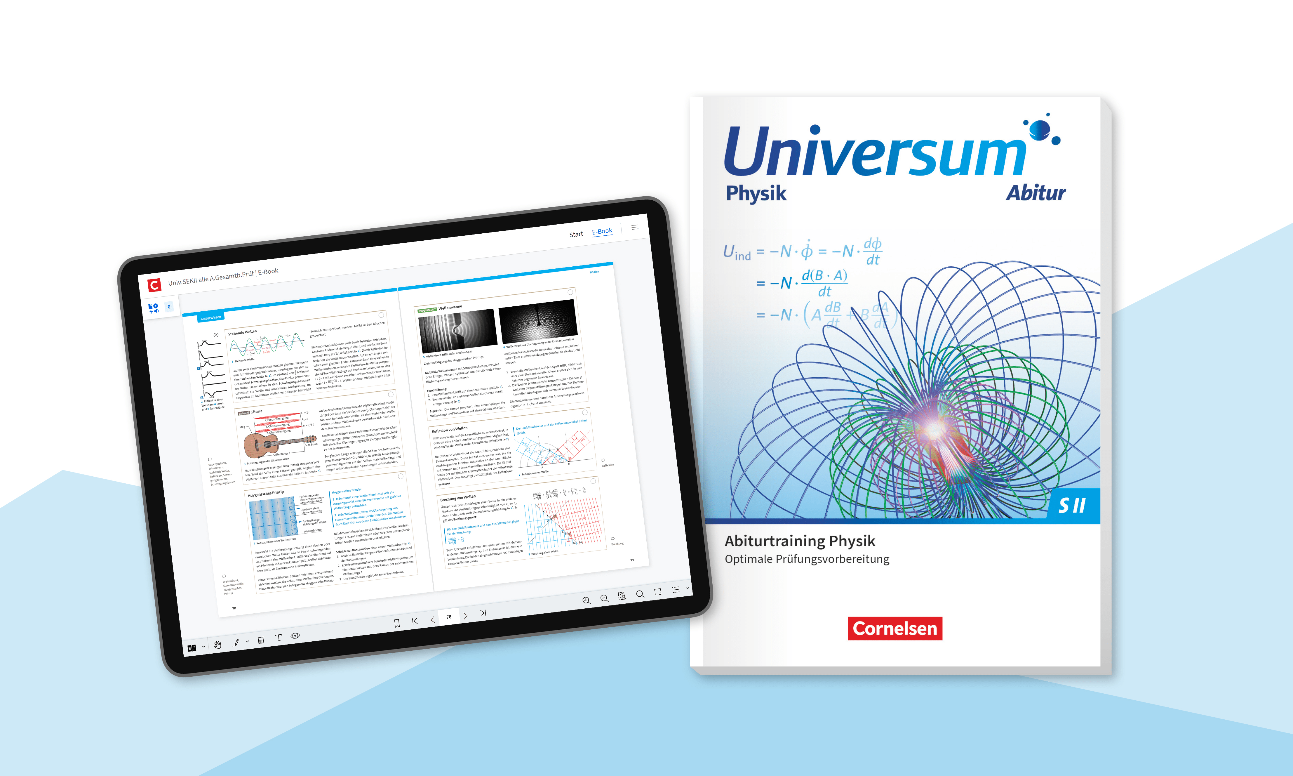 Darstellung des Universum-Physik-Prüfungstraing mit einem Buch und einem Tablet mit Seiten des Lehrwerks.