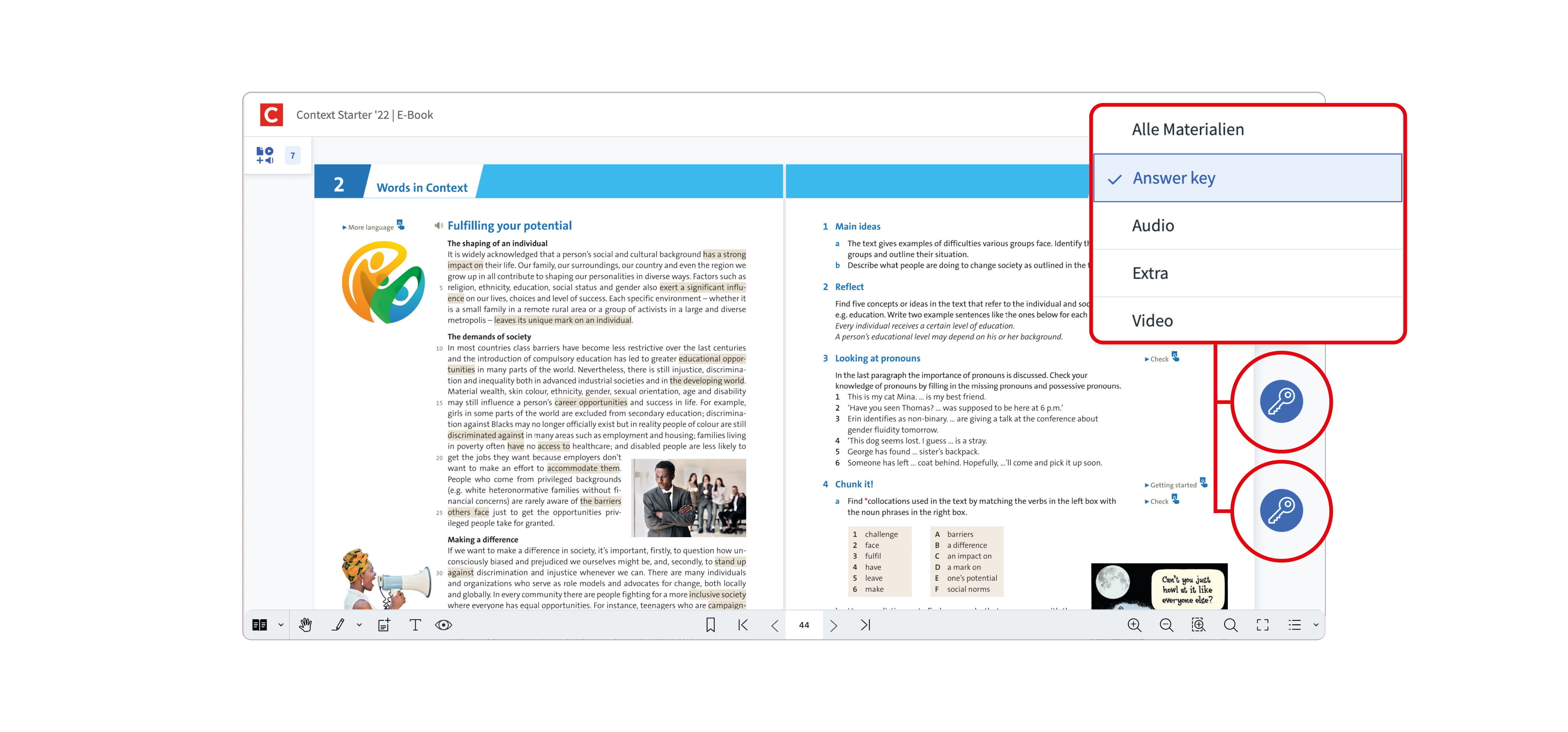 Screenshot des Unterrichtsmanagers im Browser, rechts ein Menü mit Materialangeboten wie Answer Key, Audio, Extra und Video