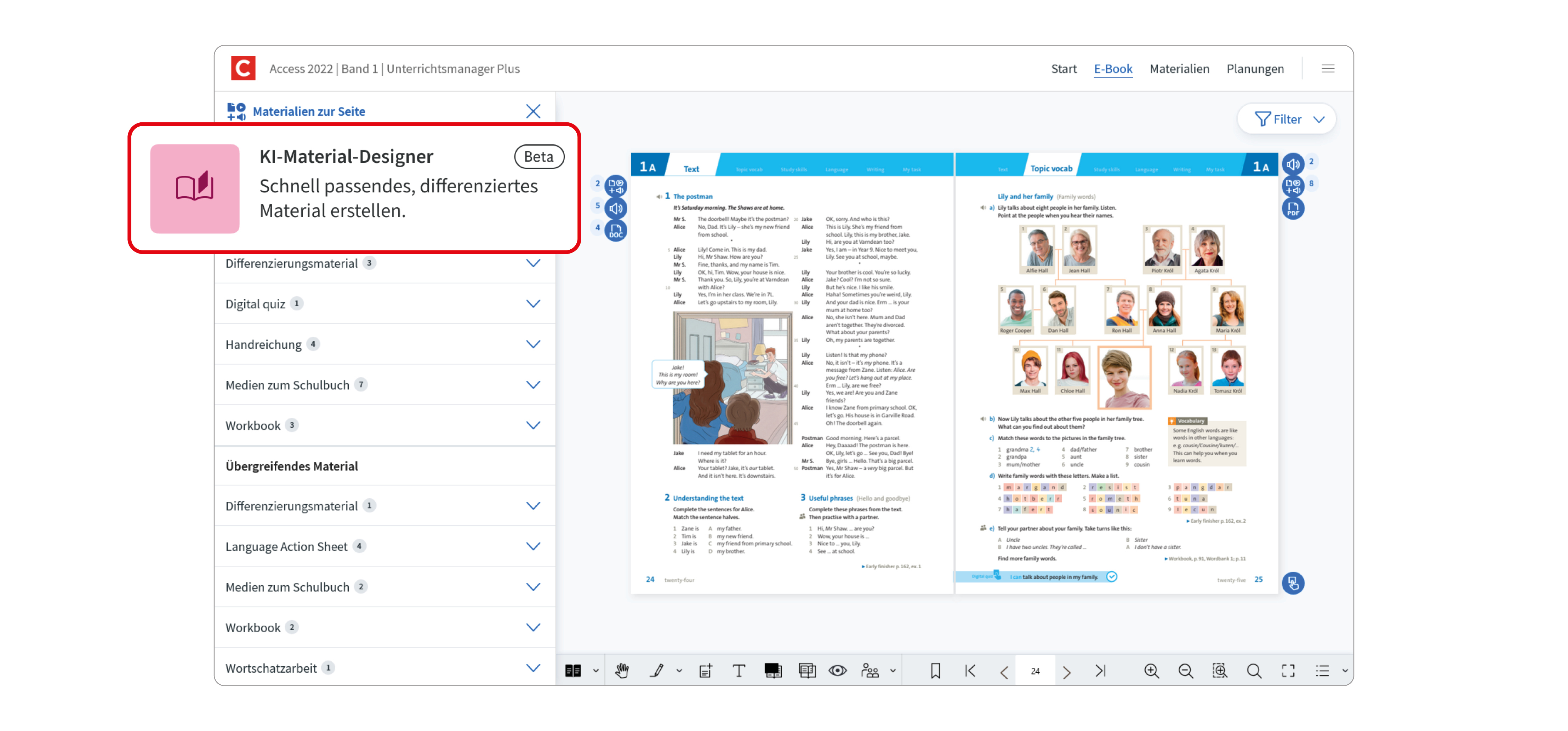 Screen des Unterrichtsmanagers Plus mit dem KI-Material-Designer