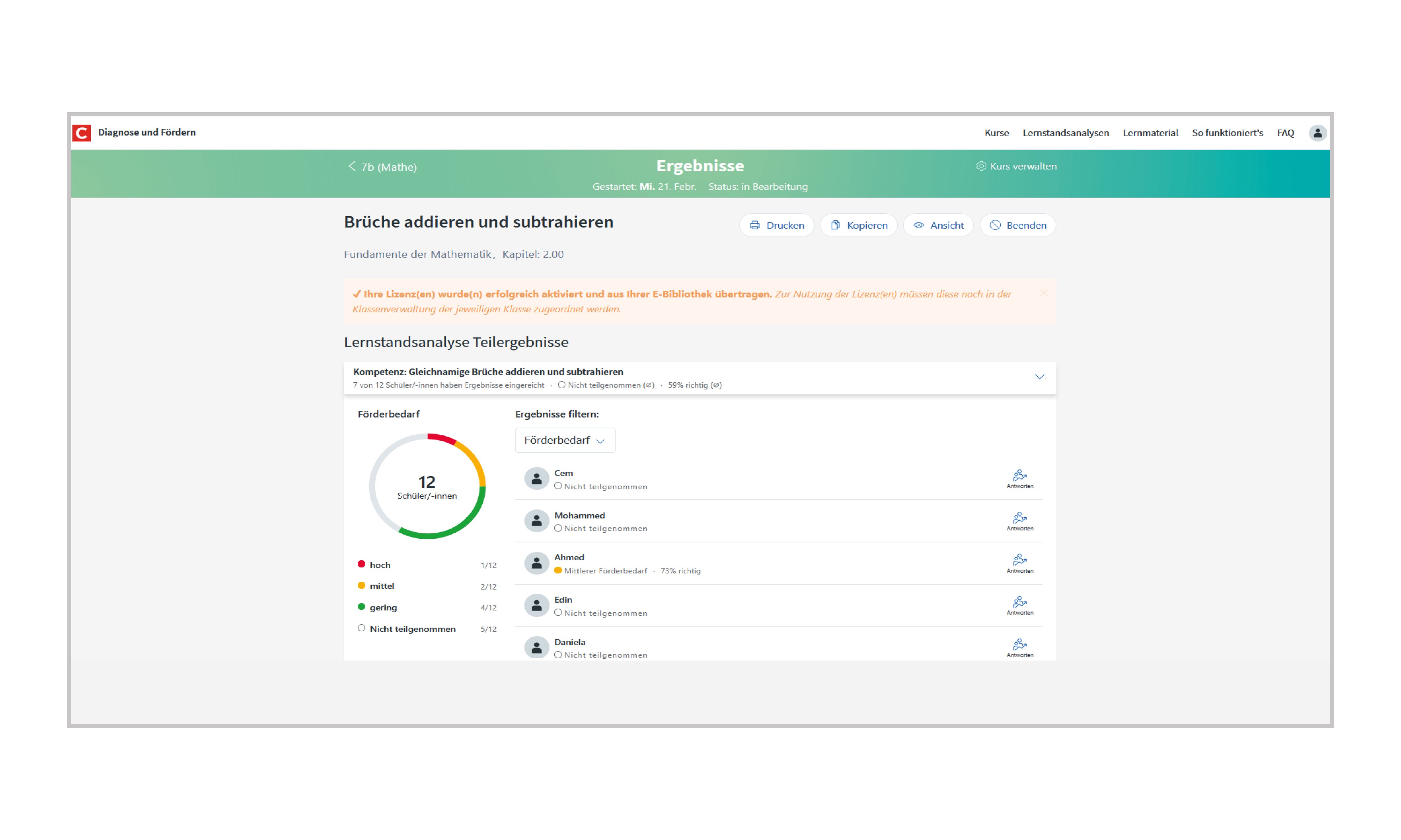 Screenshot aus der Plattform "Diagnose und Fördern", Teilergebnisse der Lernstandsanalyse