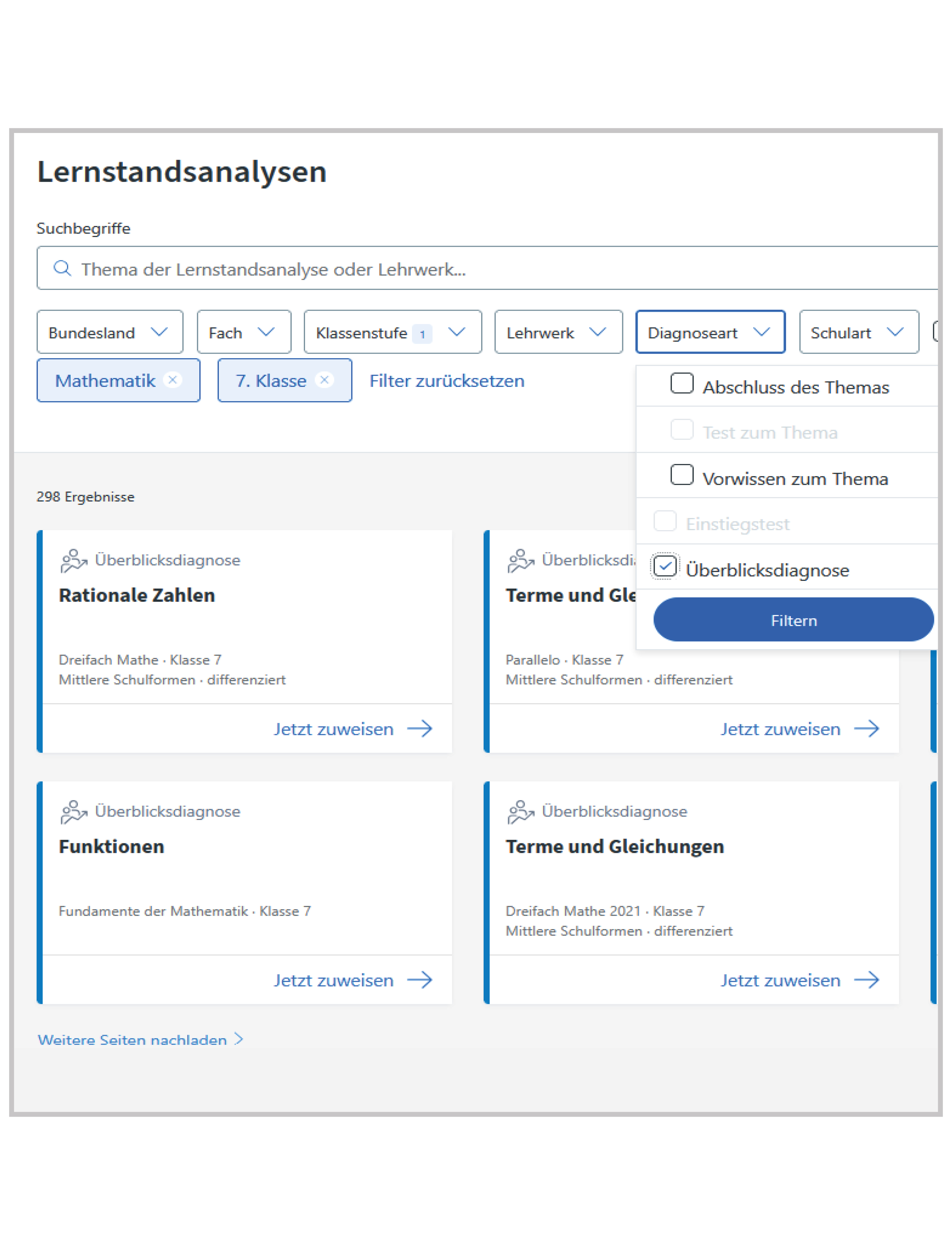 Lernstandsanalyse auswählen per Filteroption